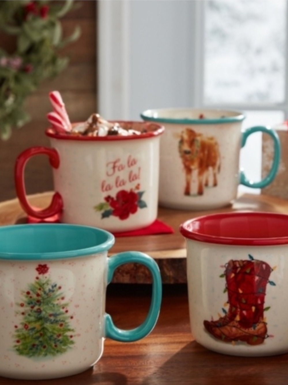 The Pioneer Woman Holiday Ceramic Mug Set with Red and Turquoise Accents